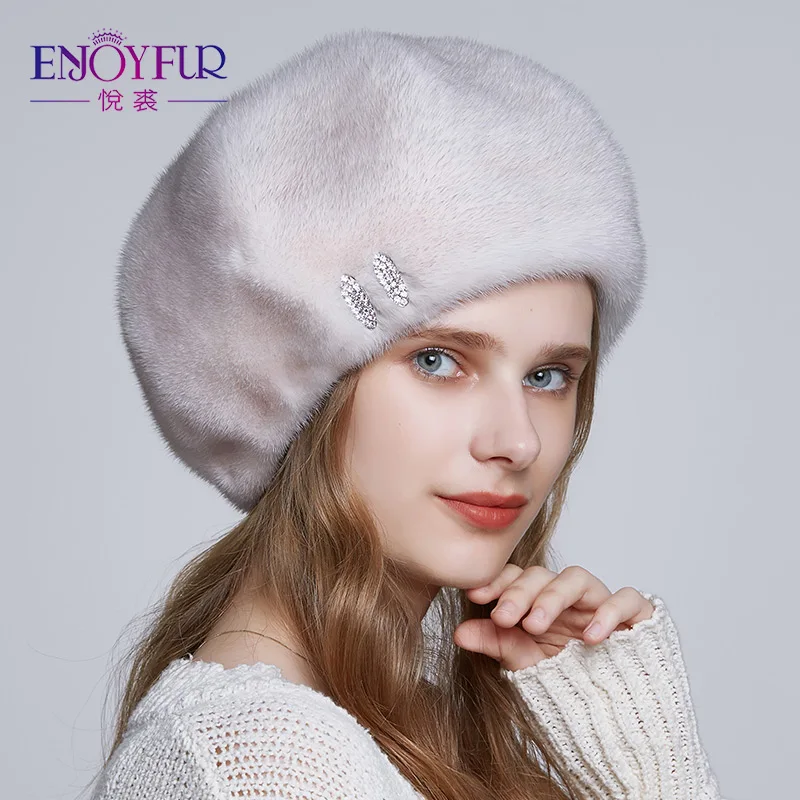 

ENJOYFUR Natural Mink Fur Winter Hats For Women Whole Mink Fur Octagonal Cap With Rhinestone High Quality Can Customize