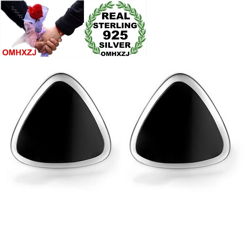

OMHXZJ Wholesale Fashion Temperament Elegant for Woman Lady Gift Drop Oil Black Triangle 925 Sterling Silver Stud Earrings YS305