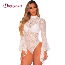 

Dreszdi Vintage High Neck Lace Bodysuit Women Long Flared Sleeve Open Back Body Jumpsuit Sexy Bodycon Romper Overalls