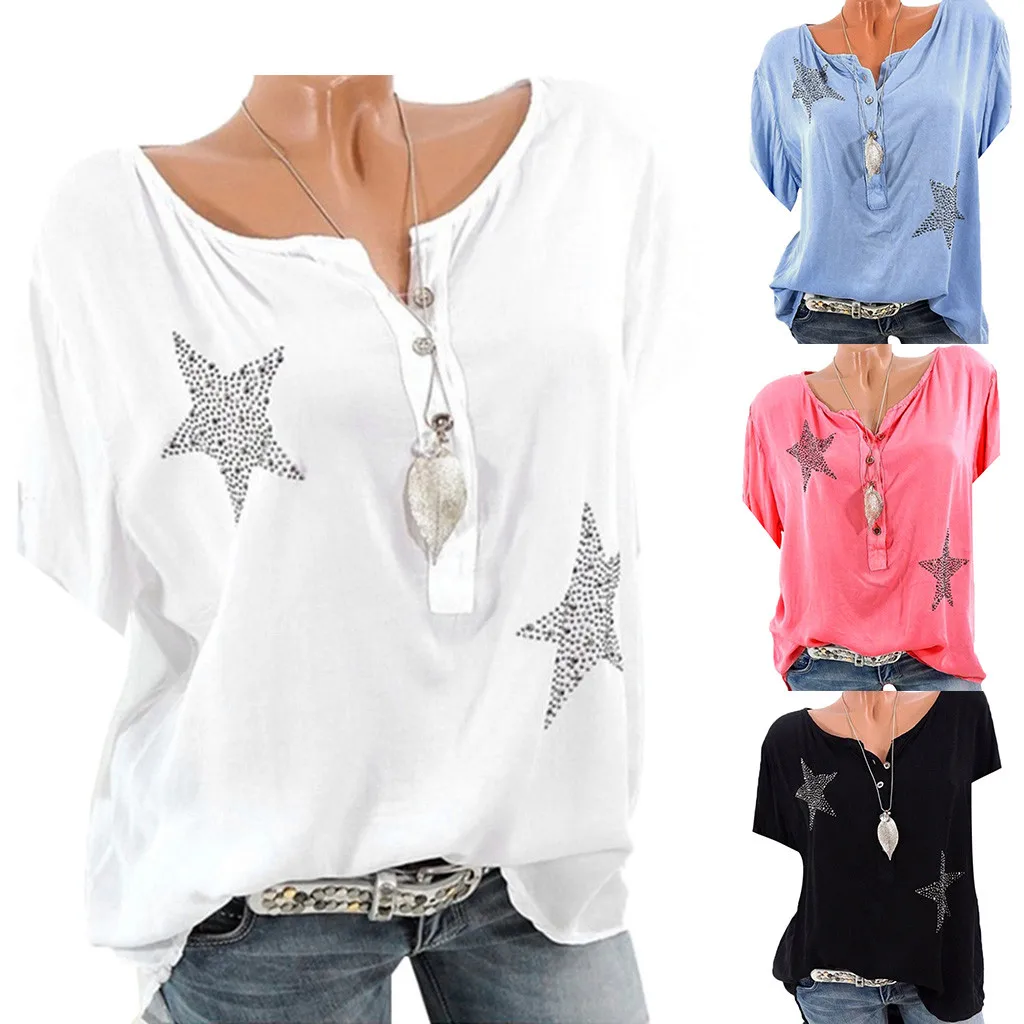 

Blouse 2019 Women Ladies Tops Fashion Button Five-pointed Star Hot Drill Plus Size Tops 3/4 Sleeve Female Clothes roupas#E