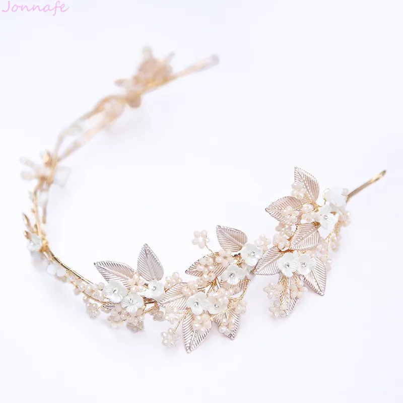

Jonnafe Gold Leaf Wedding Tiara Headband Floral Bridal Hair Crown Accessories Handmade Women Hairband
