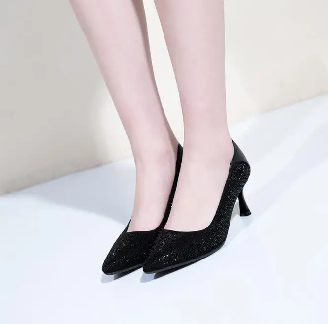 

2019 spring and summer new leather ladies pointed rhinestone stiletto heels color matching temperament shoes