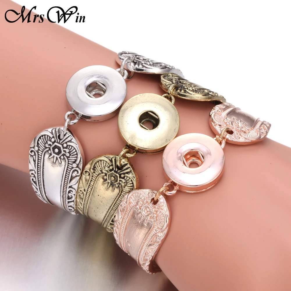 

New Magnetic Snap Bracelets Snap Jewelry Flowers Carved Vintage Gold Silver 18mm Snap Button Bracelet for Women Men