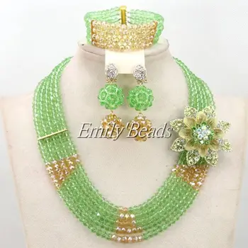 

Fashion Nigerian Wedding African Beads Jewelry Set 5 Lines Green Crystal Beads Necklace Bracelet Earrings Jewelry Sets AMJ565