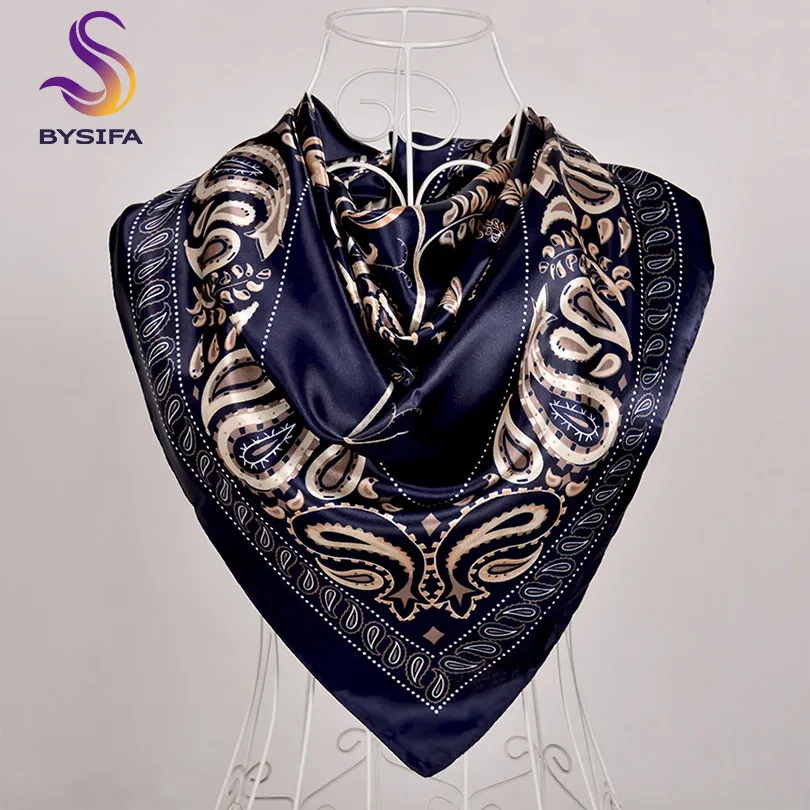 navy blue 577 Элегантный женский большой квадратный шелковый шарф с принтом, 90*90 см, модный весенний и осенний серый и фиолетовый Шелковый шарф из полиэстера, шаль - Цвет: navy blue 577