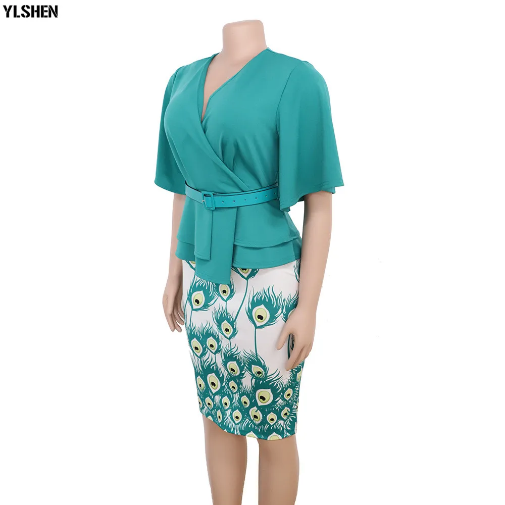 African Dresses for Women Dashiki African Clothes Fake 2PC Set Print Patchwork Bazin Riche Sexy Slim Office Elegant Africa Dress 09