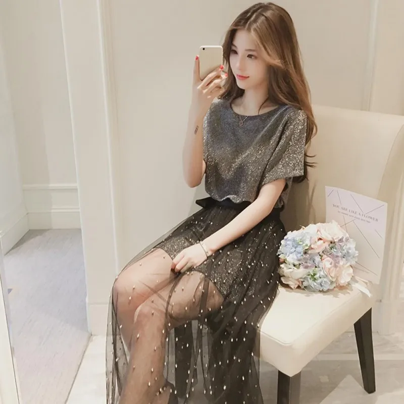 

2019 Summer Elegant Women 2 Piece Set Women Cotton Shirt Top + Mesh Mini Skirt Suit