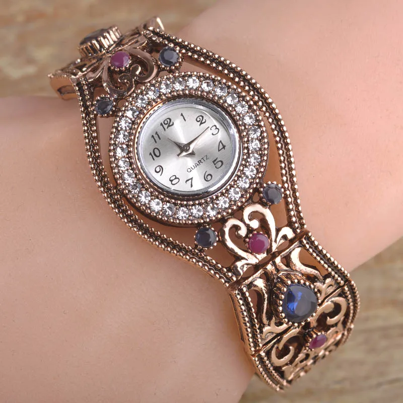 

Turkish Round Crystals Acrylic Bracelet Bangle Women Wrist Jewelry Watch Clock Pulseiras Pulseras Antique Gold-color Relogio