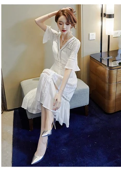 

Elegant White Chiffon Ladies Dress V-neck Flare Sleeve Lace Patchwork Button Ruffle Summer Dress Vestidos