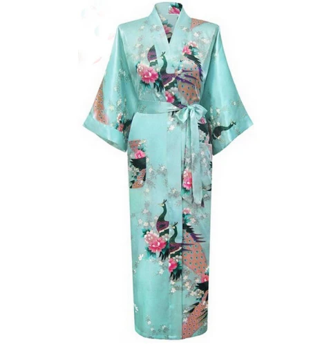 Сливы новые Для женщин удлинить халат-кимоно свадебное платье Ночная рубашка пижамы шелковой атласной плюс Размеры S-XXXL wr0022015 - Цвет: light blue