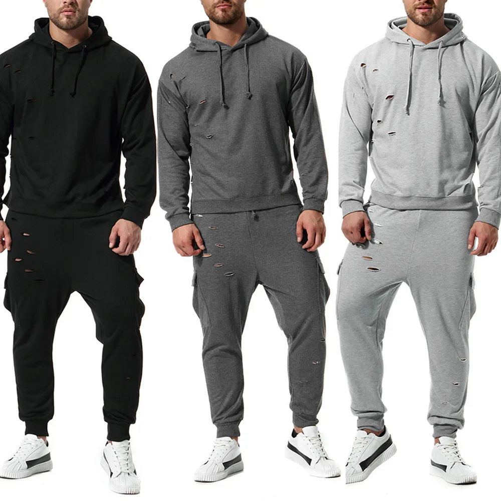 

3 Colors Men's Autumn Winter Leisure hole personalized Suit Pure Color Long Sleeve Sweatshirt sports Top Pants Sets Tracksuit VC