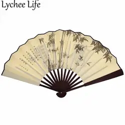 Личи жизни китайского письмо живопись бамбуковый веер шелковая ткань бамбук печатных поклонников Palaeowind вечерние фестиваль поставки