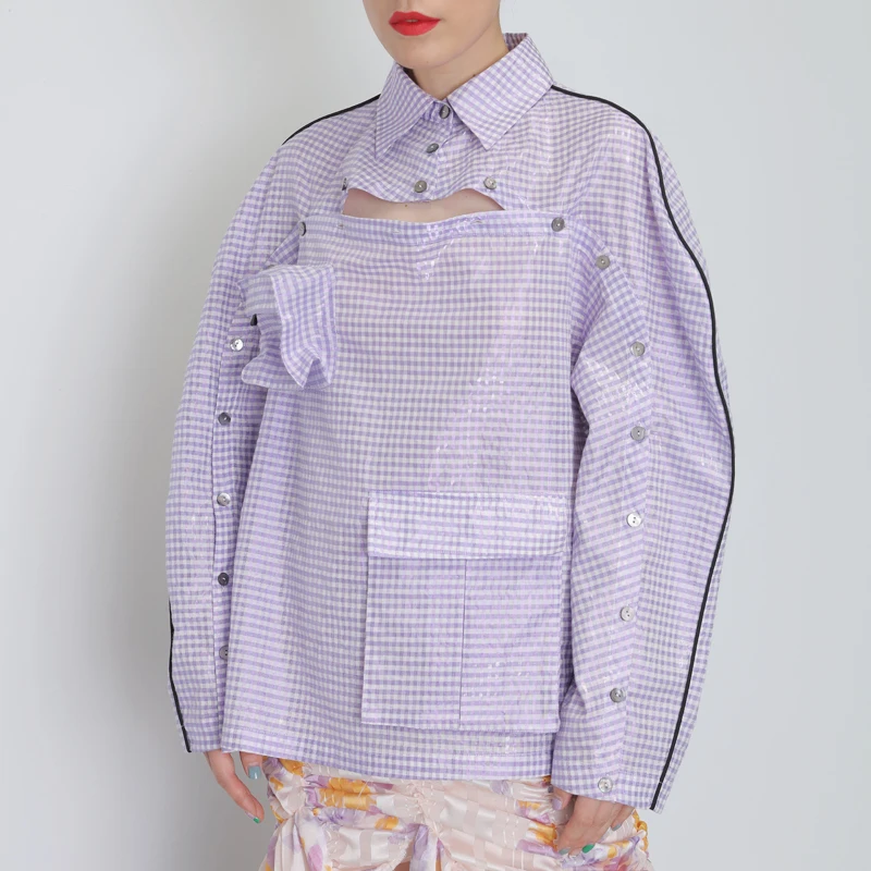 

[EWQ] 2019 summer new sweet lattice High-quality long-sleeved stitching pocket loose large size hole striped trend shirt QJ74405