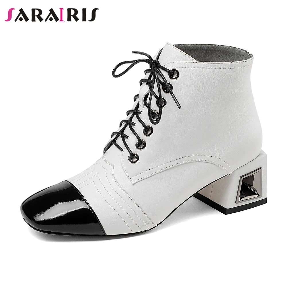 

SARAIRIS Brand lace-up Ankle Booties Women Cow Leather Autumn Winter 2018 Patent Chelsea Boots 5 Cm Heels Shoes Woman 33-43