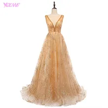 

YQLNNE 2017 Golden Shining Evening Dresses Illusion Tulle V Back Zipper Court Train Vestido De Festa Real Photos Party Dress