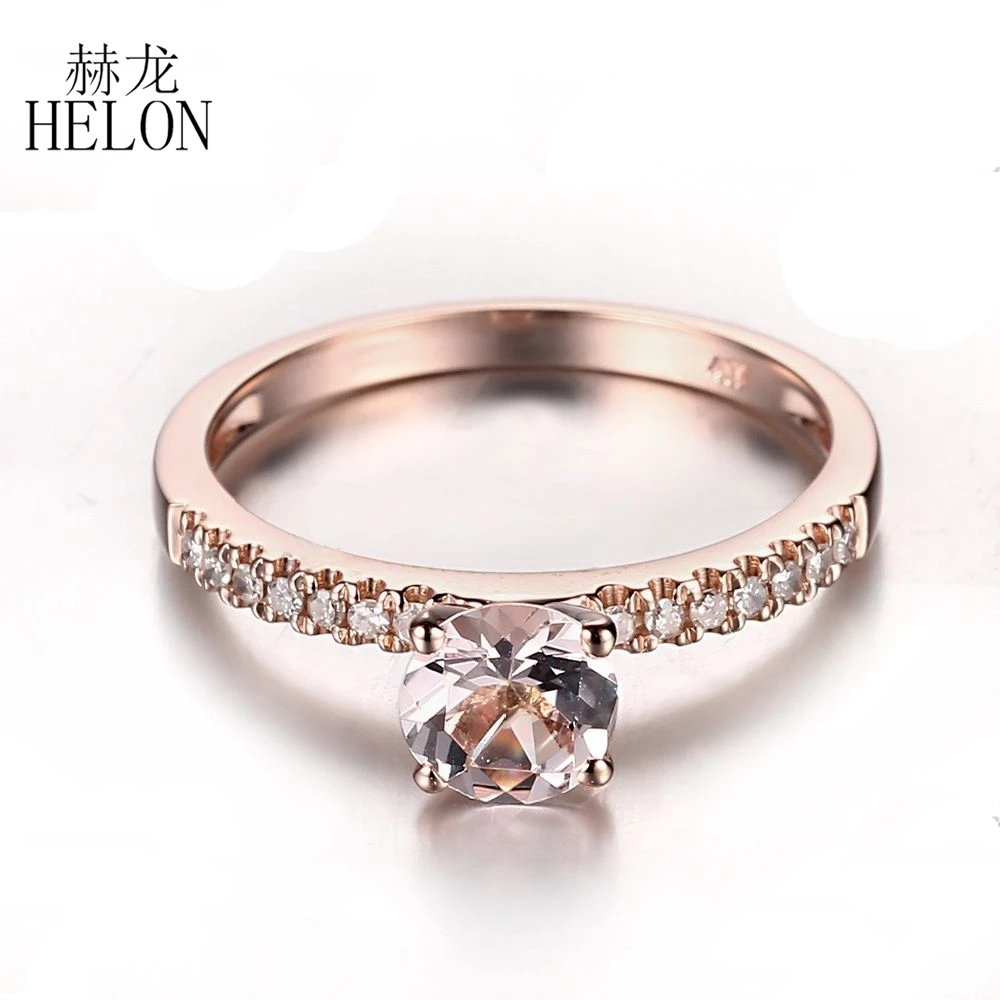 

HELON 6mm Round Morganite & Natural Diamonds Morganite Engagement Wedding Ring Solid 14K Rose Gold Women's Fine Jewelry Ring
