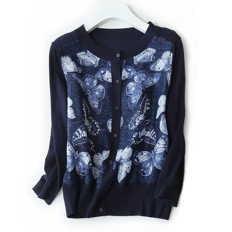 

high grade silk spliced wool blend knit women spring fashion patchwork printed thin sweater cardigan M/L retail wholesale