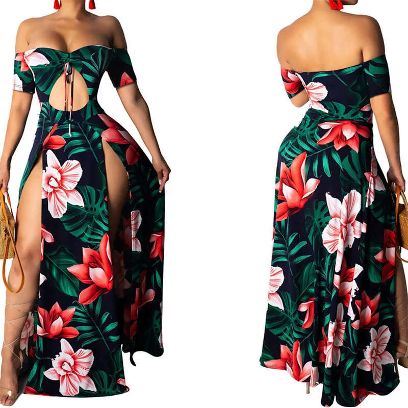 Boho пляжное платье женское с открытыми плечами ярлык настроенный ремешок печать отверстие Сплит длинный макси Одежда Лето с высоким вырезом летнее платье