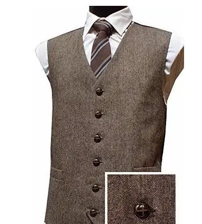 

2019 Vintage Brown Tweed Vests British Style Mens Suit Waistcoat Custom Made Slim Fit Wedding Tuxedo Vests For Men Plus Size