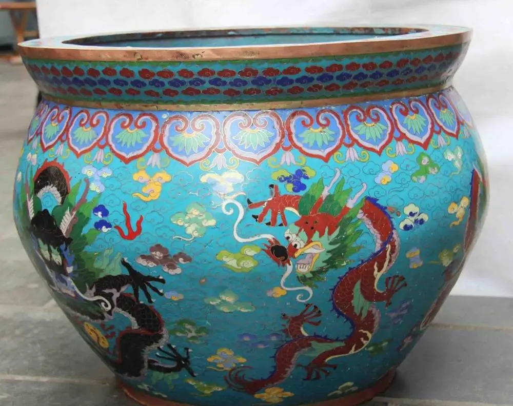 

Chinese Royal Handwork Copper Cloisonne Enamel Dragon Crock Jar Tank Pot