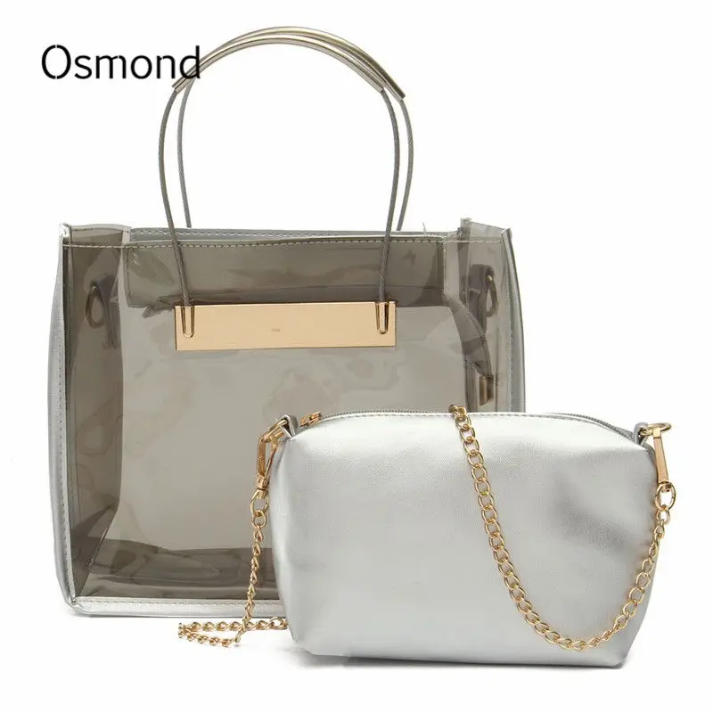 

Osmond Women Bag Set Transparent Handbags Chain Shoulder Bags Clear Plastic Casual Tote Crossbody Waterproof 2PCS Composite Bag