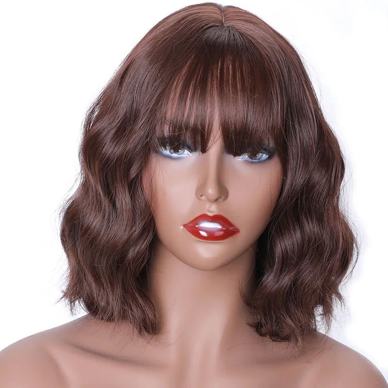 MERISI HAIR Water Wave short Synthetic Wig with Bangs Black Color High Density Natural Headline Size High Temperature Fiber