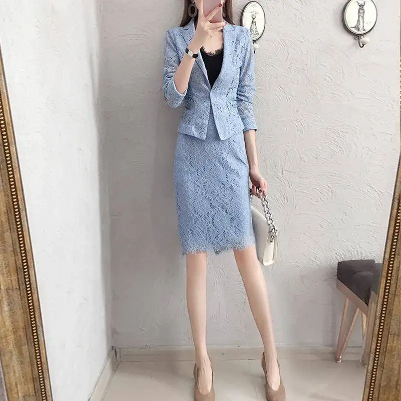 

Spring Fashion Women Clothes OL 2 Two Pieces Set Ladies Formal Blazer Jacket + Skirt Suits Ensemble Femme Vintage Lace Sets F144