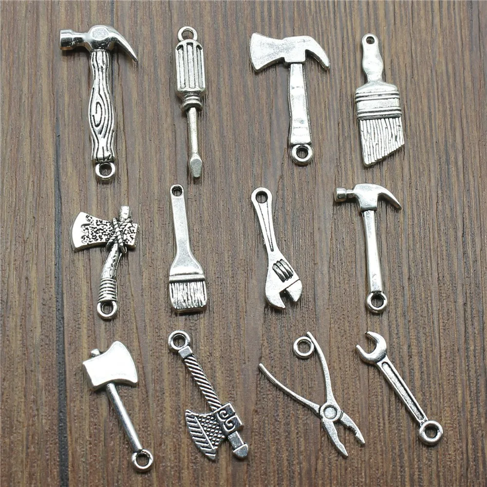 

3 Piece Mix Tools Charm Ax Wrench Brush Hammer Screwdriver Charm Pendants Jewelry Making Antique Silver Color Charm