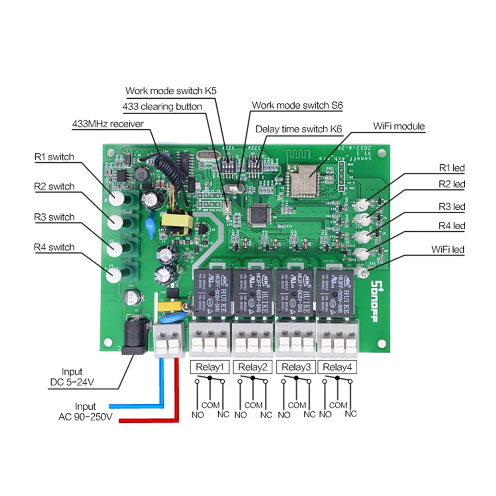 Sonoff 4CH Pro R2 4 канала банды RF 433 МГц пульт дистанционного управления беспроводной Wifi
