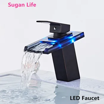 

Sugan Life NEW LED Basin Faucet Brass Waterfall Temperature Colors Change Bathroom Mixer Tap Deck Mounted Wash Sink Glass Taps