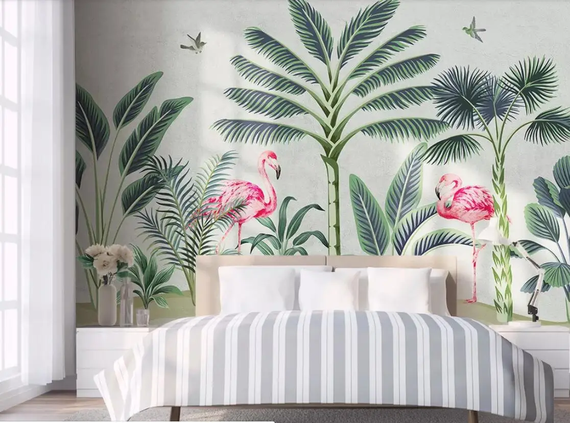 Пользовательские обои скандинавские ручной рисованной тропические листья Фламинго Гостиная ТВ фоновая стена
