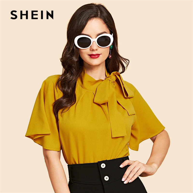SHEIN Яркий Топ С Бантом И Рукавами Флаттерами Нарядная Офисная Блузка|Блузки| |