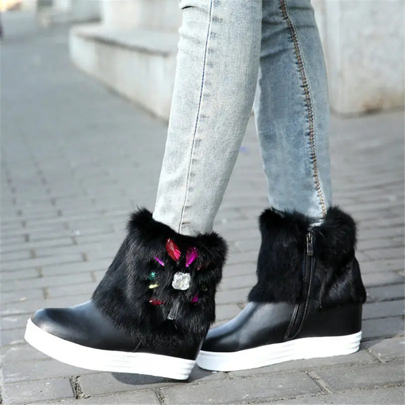 

NAYIDUYUN Hot Women Rabbit Fur Shoes Wedge Platform High Heels Snow Boots Round Toe Winter Warm Pumps Shoes Crystal Sneakers