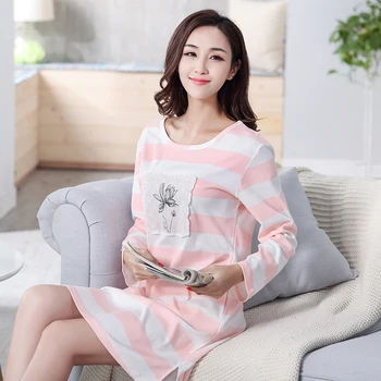 

Autumn 100% Cotton Women's Nightgown Lounge Nightdress Mujer Striped Sleepwear Casual Nightwear Girl Loose Nightgowns Sleepshirt