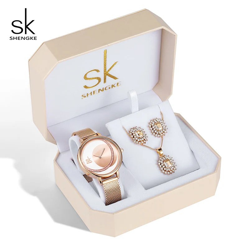 Shengke, роскошные женские часы, набор,, новая мода, нержавеющая сталь, часы для девушек, розовое золото, серьги, ожерелье, набор, подарки для женщин - Цвет: K0088 watch with set