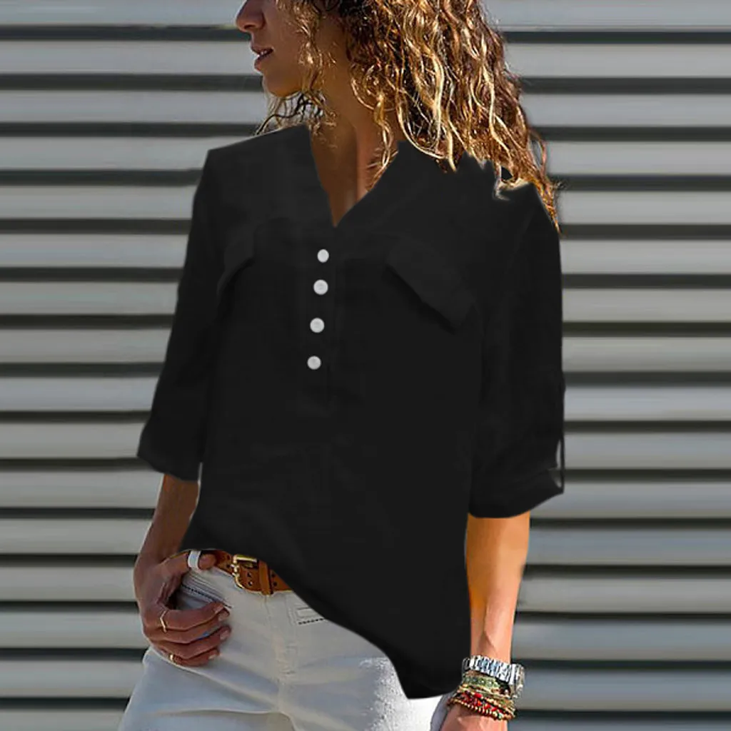 

Women Blouse Plus Size Vintage Half Sleeve V-Neck Button Casual Top Shirt Blouse Streetwear Camisas Blusas Mujer De Moda 2019