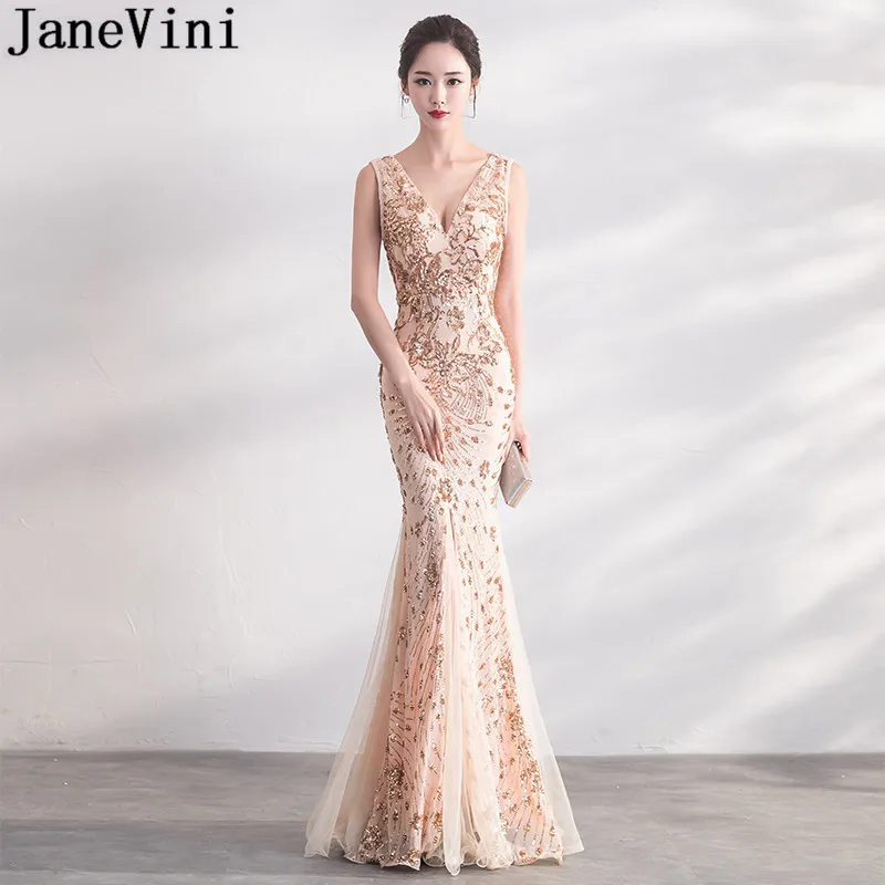 

JaneVini Sparkly Champagne Gold Sequin Prom Dress Formal Mermaid Long Bridesmaids Dresses for Women Wedding Guest Party Gown