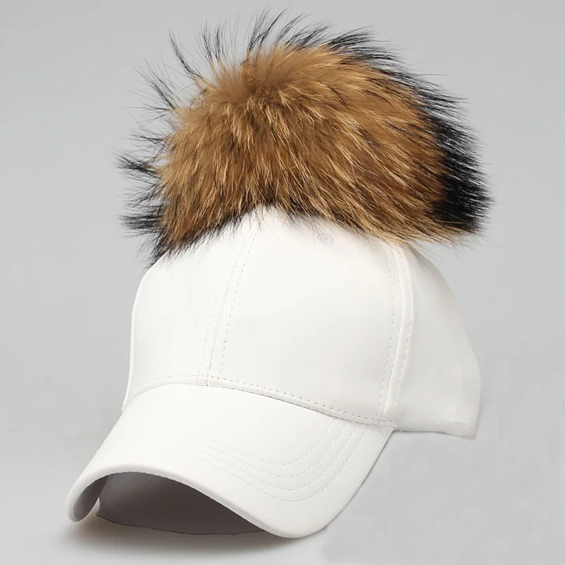 Модные шапки с помпонами из натурального меха енота, бейсбольная кепка в стиле хип-хоп ярких цветов из искусственной кожи, женская меховая бейсболка, кепка s - Цвет: A1