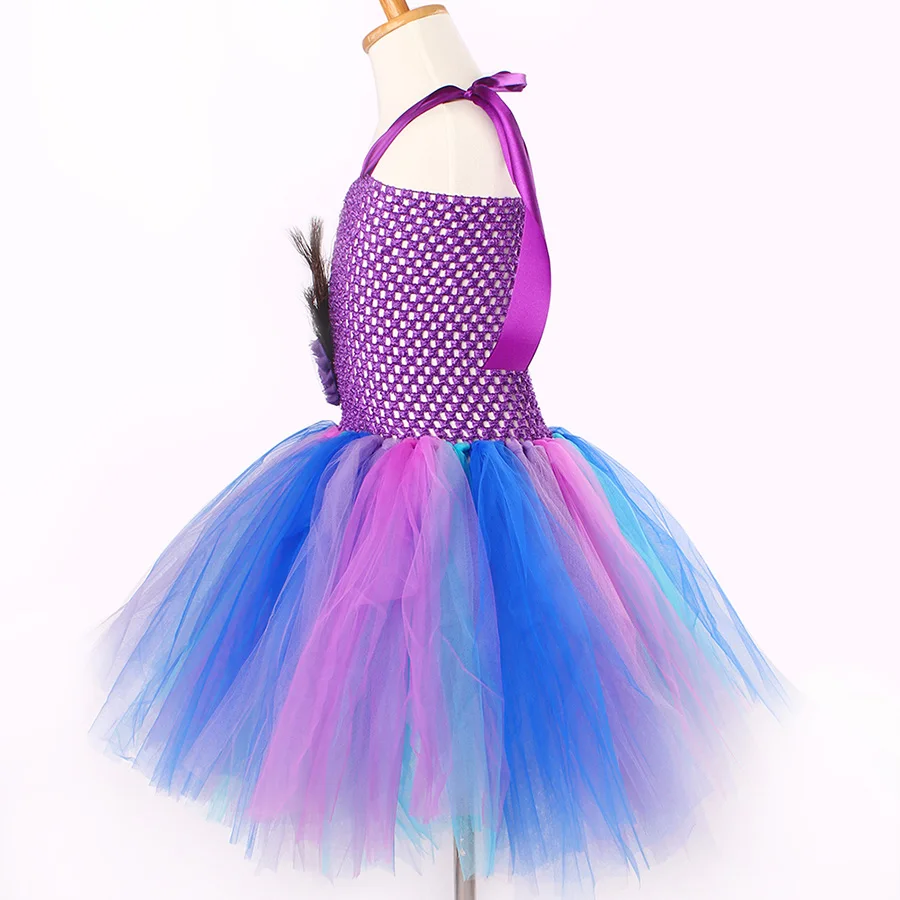 Kids Peacock Feather Halloween Purim Tutu Dress with Hair Hoop Flowers (16)