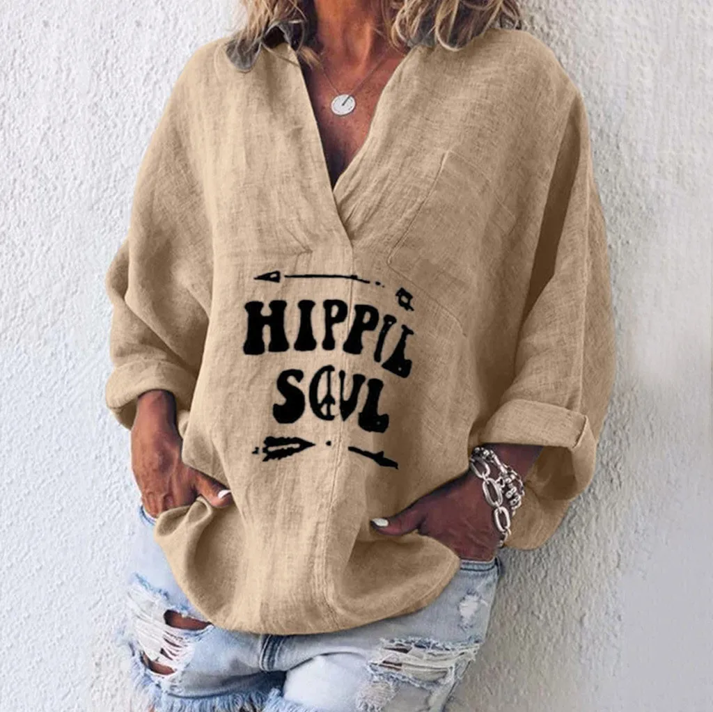 Plus Size Fashion Cotton Linen Kaftan Blouse Ladies Casual Loose V-Neck Tee Top Female Women Long Sleeve Shirt Blusas Pullover | Женская