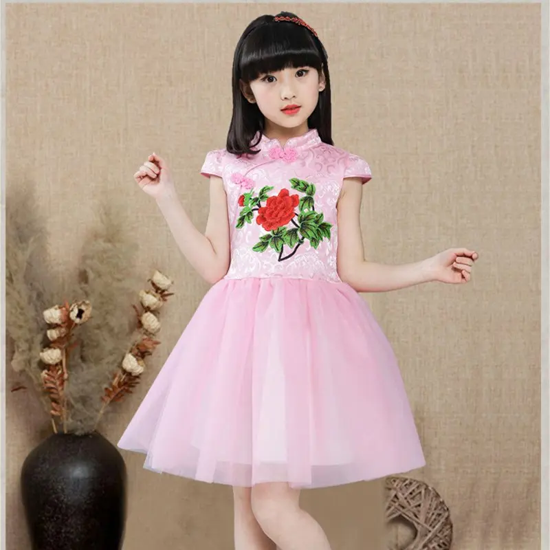 

Kids Baby Girls Chinese Qipao Ball Gown Dress Floral Cheongsam Children's performance Short sleeve dresses Mesh Princess Clothes