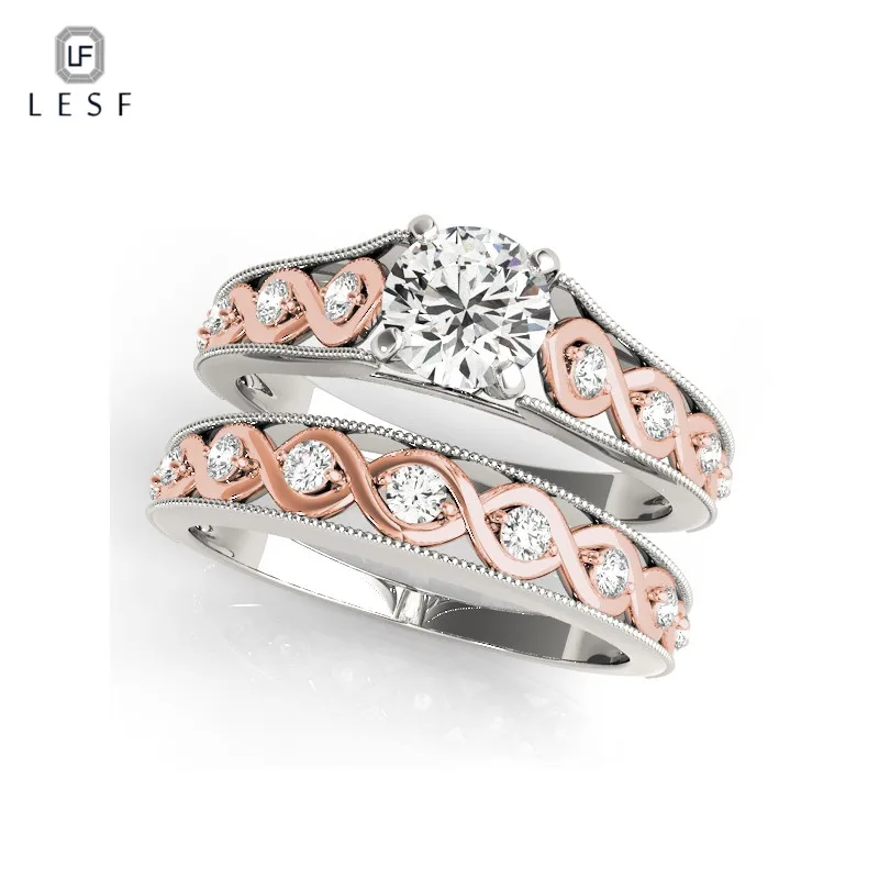 

LESF 925 Sterling Silver Round 2Pcs Ring Sets for Women Wedding Engagement Band High-end Jewelry Gifts Free Shipping