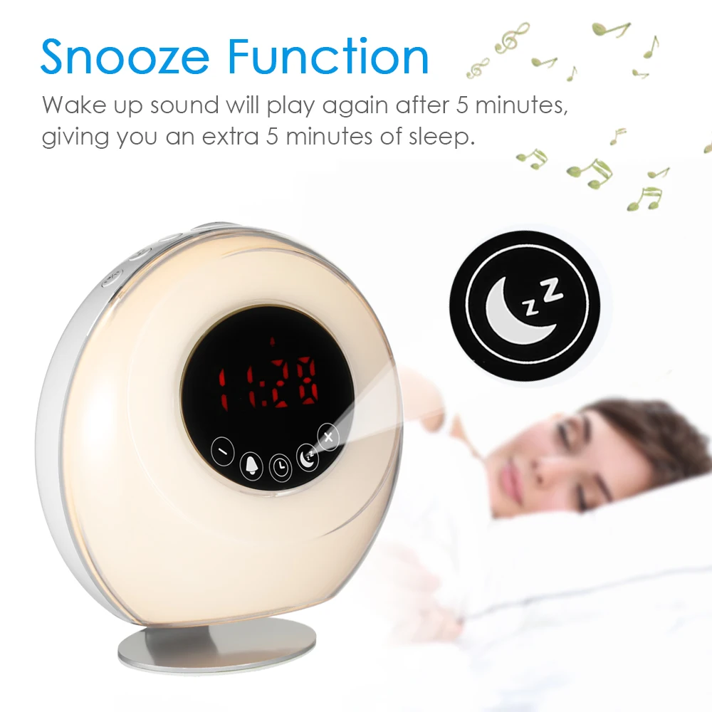 LED Sunrise Alarm Clock Snooze Function USB Rechargeable Simulation