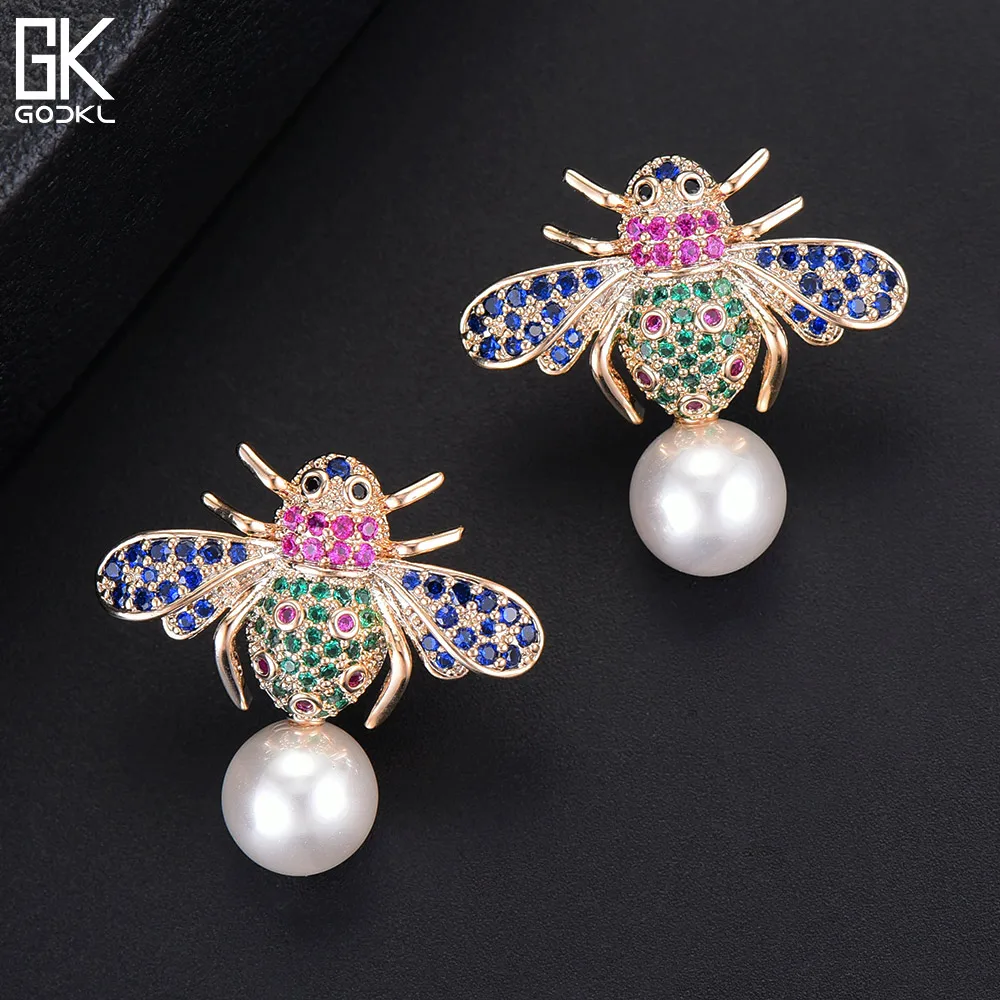 GODKI Винтаж насекомых имитация жемчуга Серьги гвоздики для женщин Свадебные кубический циркон панк рок ретро круг пирсинг