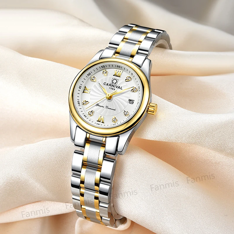 

Carnival Women Quartz Watch Diamond Dial Stainless Steel Ladies Wristwatch Sapphire Waterproof Windmill Relogio Feminino