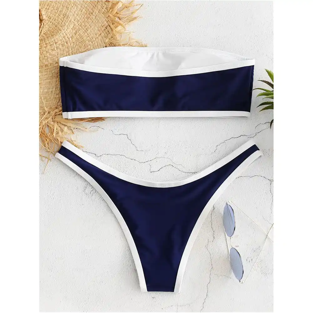 leopard trim bandeau bikini set