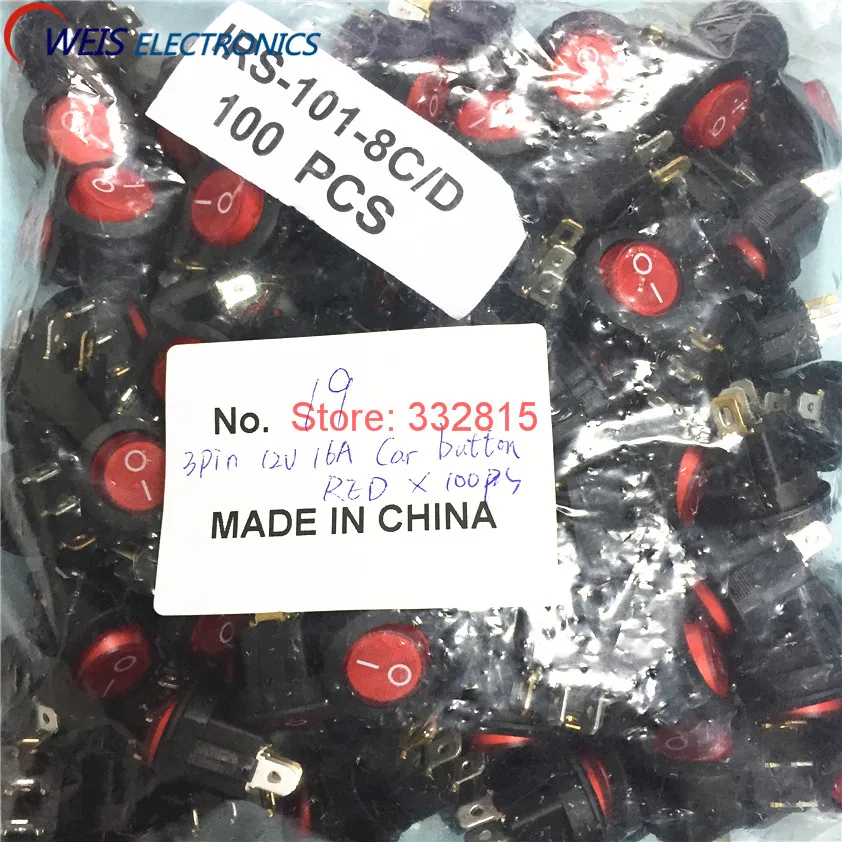 100PCS RED 3pin 4.8mm terminals 12V 16A Universal LED illuminated Car button lights ON/OFF 20mm Round Rocker Switch Dash Boat