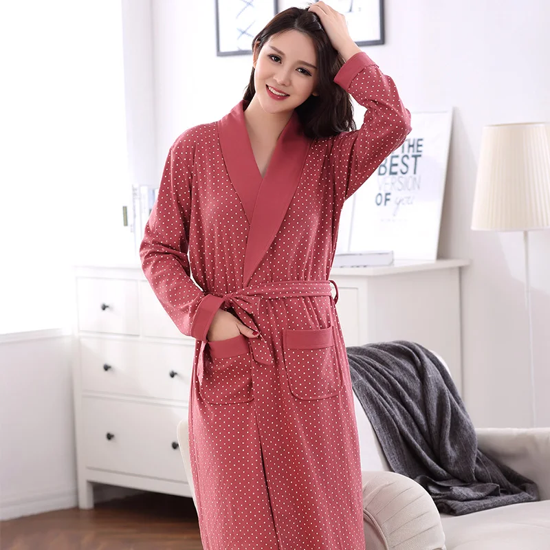 Autumn 100 Cotton Full Women's Robes Sleepwear Kimono Pijama femme