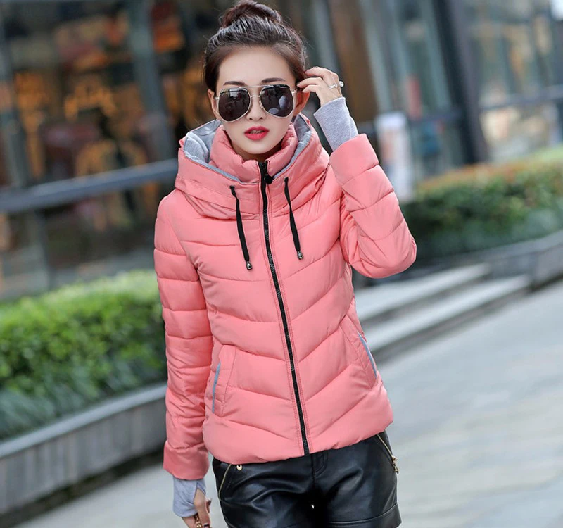 2021 Winter Jacket women Short Womens Parkas Thicken Outerwear solid hooded Coats Zipper Female Slim Cotton padded basic tops