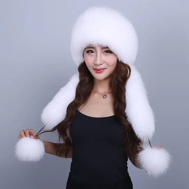 Cheap Hat Female Winter Women's Hat With Scarf Real Fox Fur Casual Fashion Real Fur Cap Solid Warm Thick Winter Female Hat